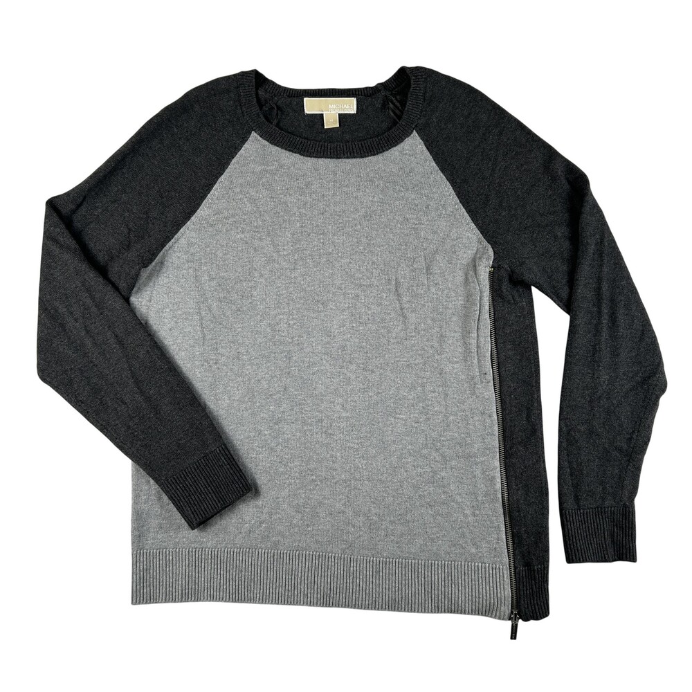 Michael Michael Kors Sweater Womens Medium Gray Colorblock Side Zip Crewneck